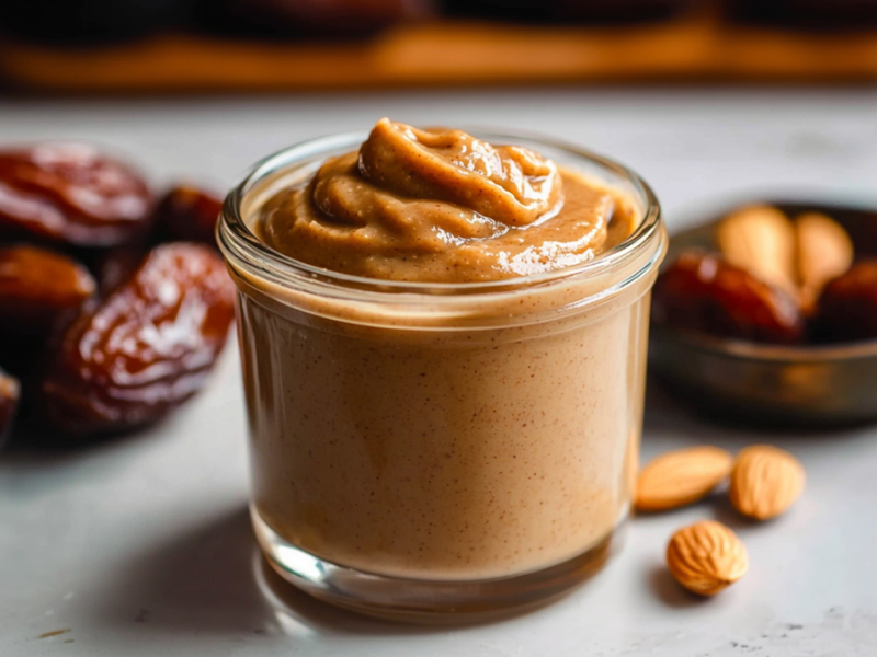 Un tarro de cristal con caramelo vegano de dátiles. Al fondo, se ven algunos dátiles. Junto al tarro de caramelo de dátiles hay unas cuantas almendras sueltas. También hay un cuenco pequeño con algunas almendras y dátiles sueltos.