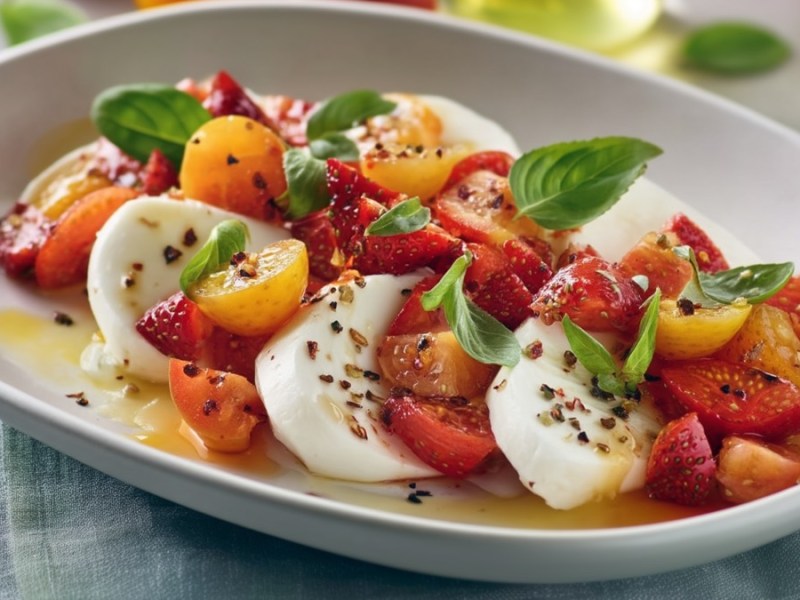 Un plato de mozzarella con salsa de fresa.