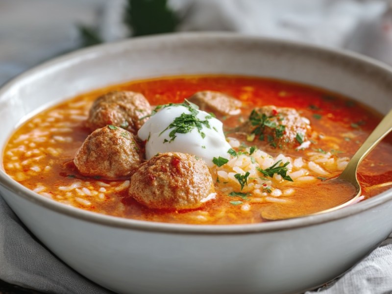 Un tazón de sopa de arroz con pimentón y albóndigas con una cuchara.
