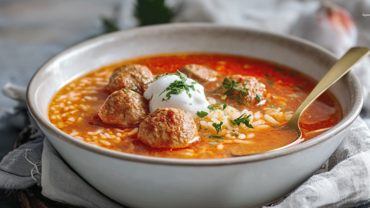 Un tazón de sopa de arroz con pimentón y albóndigas con una cuchara.