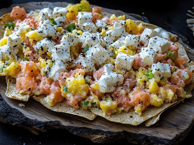 Tostada con huevos revueltos con salmón ahumado y queso feta