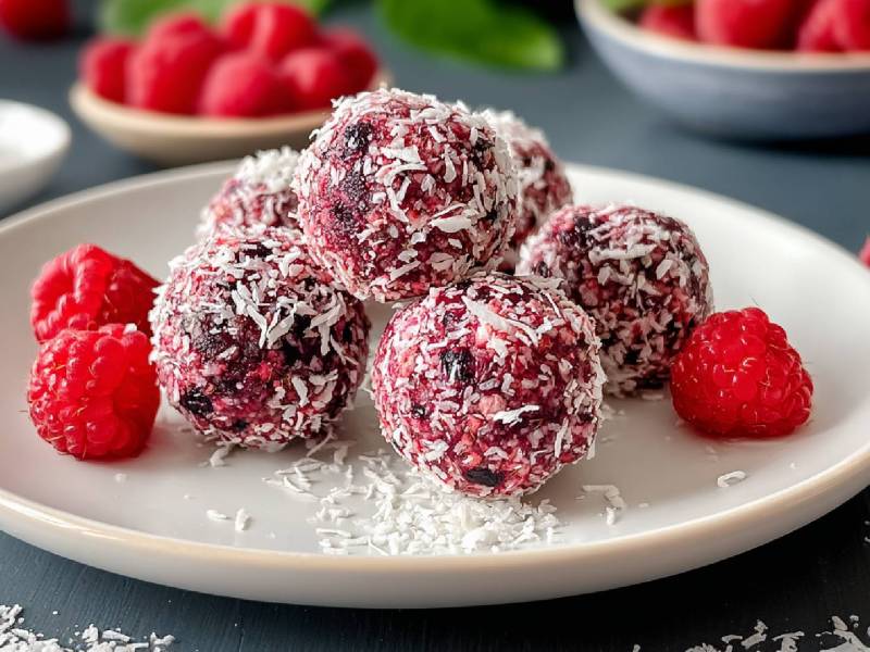 Plato con bolitas energéticas de coco y frambuesa y frambuesas frescas