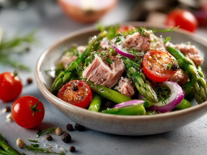 Tazón con ensalada de espárragos y atún