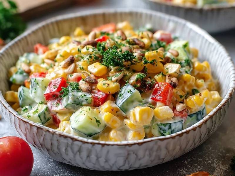 Tazón con ensalada de maíz y pimiento sobre una mesa