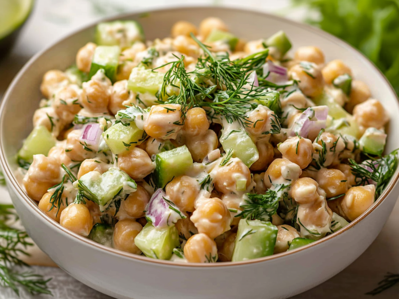 Ensalada vegana de atún con garbanzos en una ensaladera, espolvoreada con hierbas.