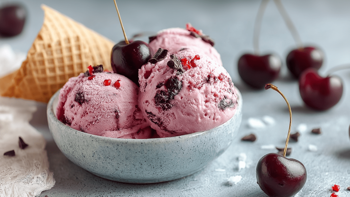 Un tazón con algunas bolas de helado de cereza con chocolate y chile, adornadas con una cereza y hojuelas de chile. Alrededor del tazón hay cerezas frescas individuales. También se puede ver un cono de helado en el fondo.