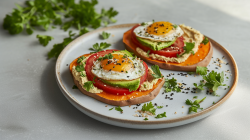 Un plato con dos huevos fritos sobre tostadas de batata. Las tostadas de batata están untadas con hummus, luego cubiertas con tomate y aguacate y cada una con un huevo frito encima. Todo está decorado con perejil fresco picado y ajonjolí. Al fondo hay un manojo de perejil fresco.