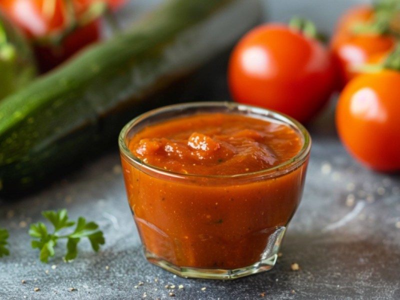 Un cuenco de kétchup de calabacín. Alrededor hay ingredientes frescos.