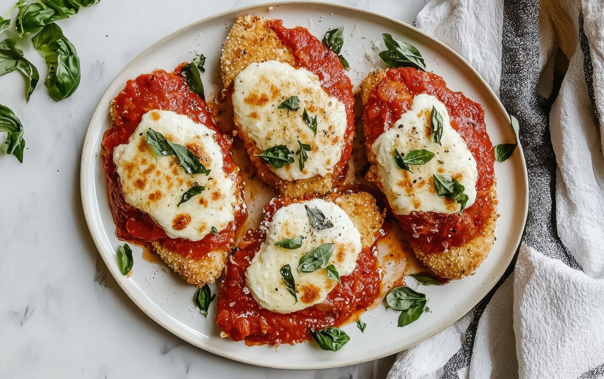 Un plato con cuatro milanesas de pollo gratinadas con tomate y mozzarella. Las milanesas gratinadas están decoradas con albahaca fresca. El plato está sobre una encimera de mármol clara. A la derecha del plato hay un paño de cocina a rayas blancas y negras.