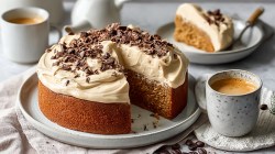 Un plato con un pastel de yogur y expreso redondo y cortado, espolvoreado con un poco de chocolate amargo picado. Junto a él hay una taza de café. Al fondo se puede ver un trozo de pastel en un plato y otra taza de café.