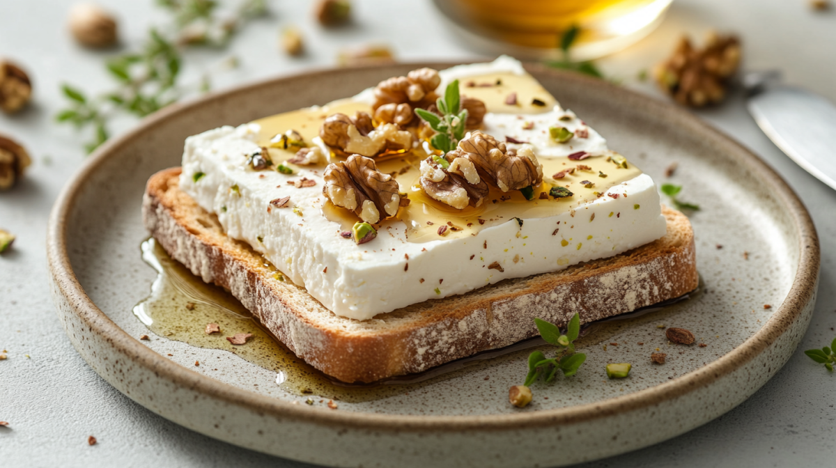 Una tostada de feta con nueces y pistachos en un plato, rodeada de menta y frutos secos picados.