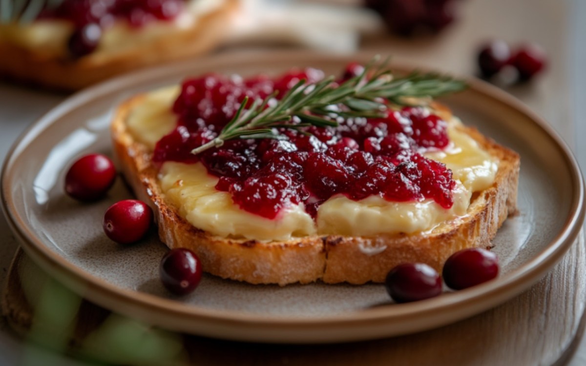 Una tostada gratinada con camembert y mermelada de arándanos rojos en un plato.