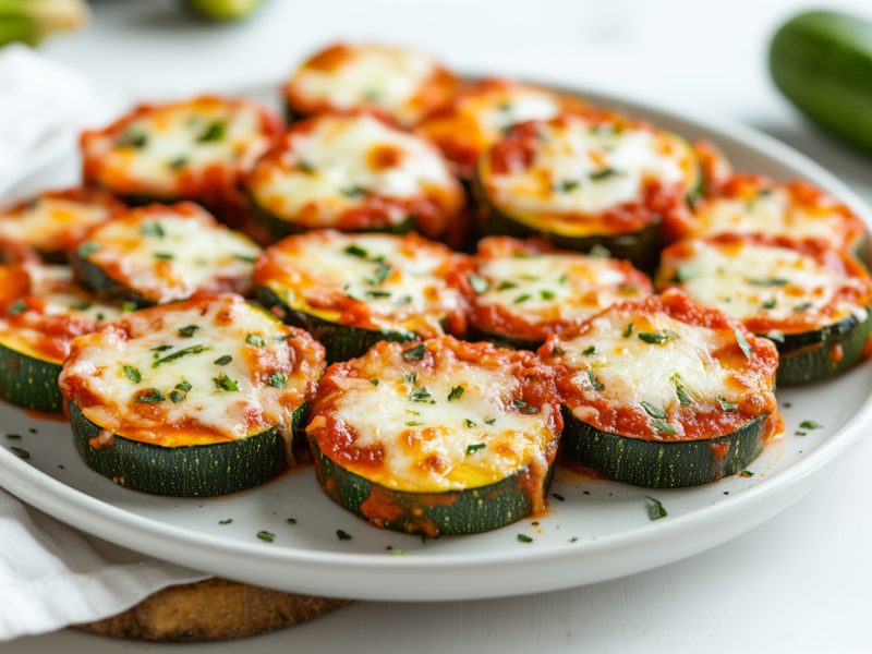 Bocaditos de pizza de calabacín en un plato blanco.