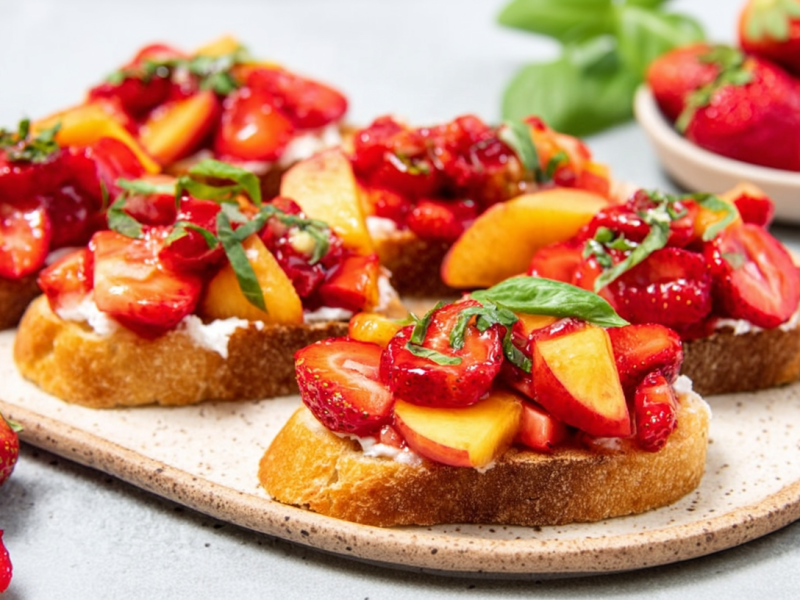 Bruschetta de fresa y nectarina, presentada en una tabla. En primer plano hay una fresa, al fondo se ve un cuenco con las bayas.