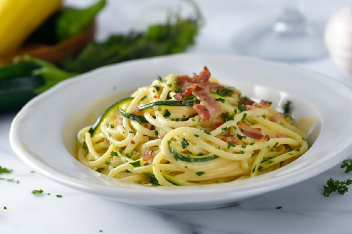 Un plato de carbonara de calabacín.