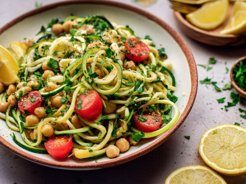 Un tazón con ensalada de zoodles de garbanzos con aderezo de tahini. Junto a él hay unas rodajas de limón como decoración y un cuenco con perejil fresco.