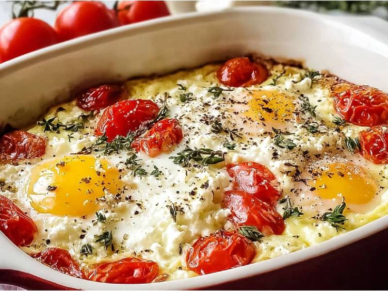 Fuente de horno con huevos con feta.
