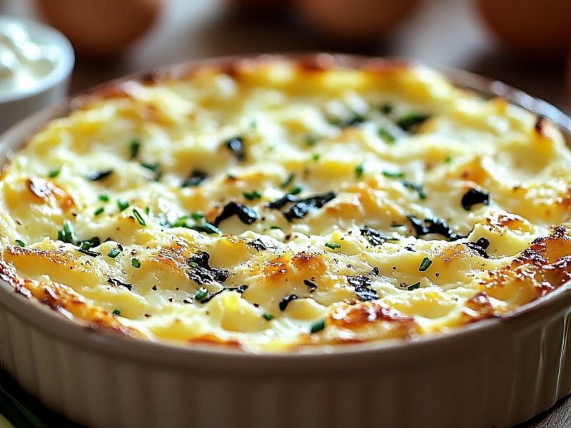 Huevos al horno con requesón y espinacas en un molde redondo para hornear, alrededor algunos ingredientes, vista cercana.