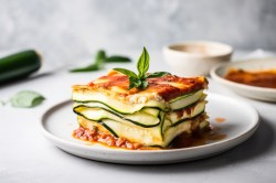 Lasaña de calabacín con lentejas en un plato.