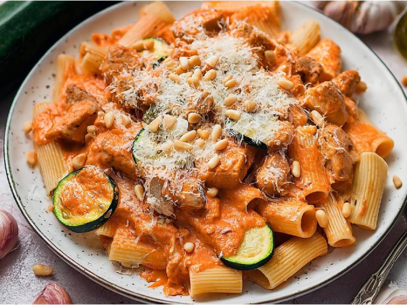 Plato de pasta de tomate y calabacín con pollo