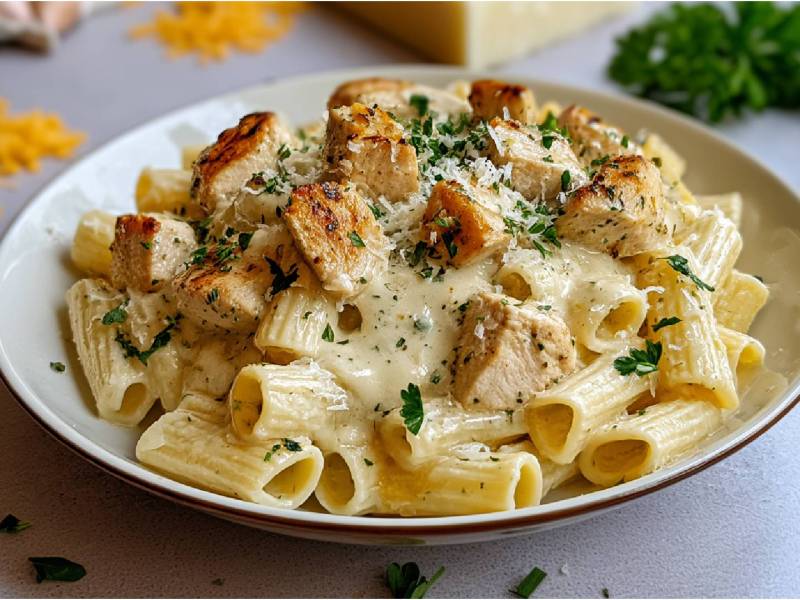 Plato de pollo con mantequilla de ajo y pasta
