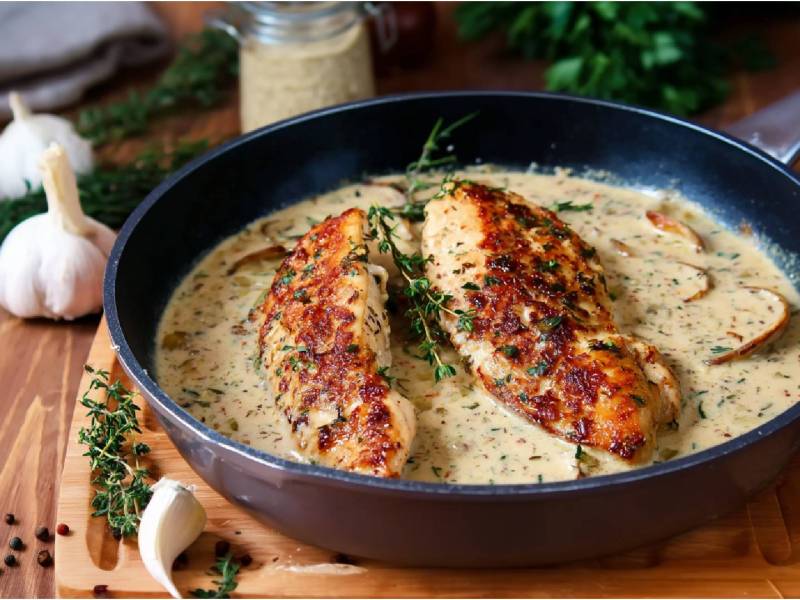 Sartén con pechuga de pollo en salsa de hierbas