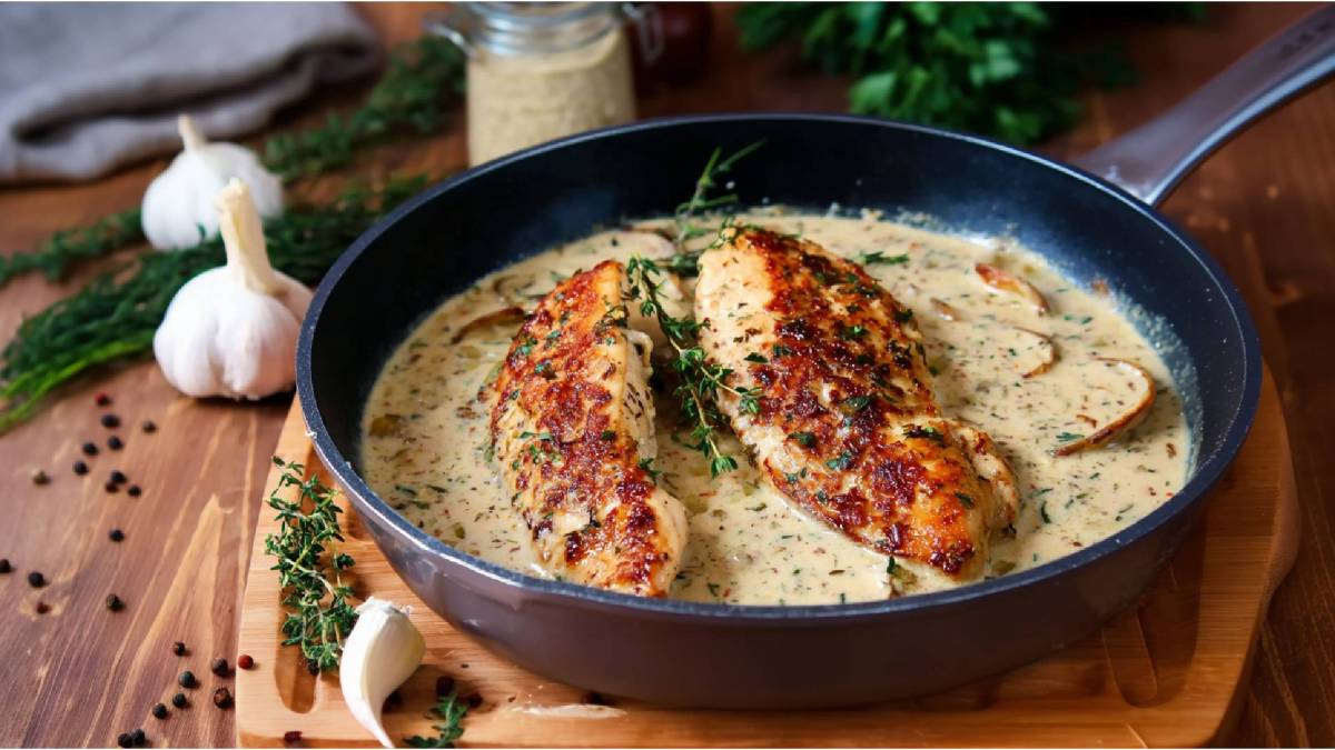 Sartén con pechuga de pollo en salsa de hierbas