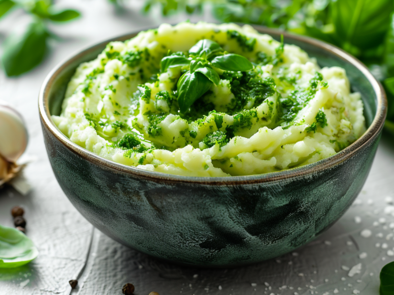 Un tazón de puré de papas con pesto de hierbas, rodeado de albahaca y ajo, primer plano.