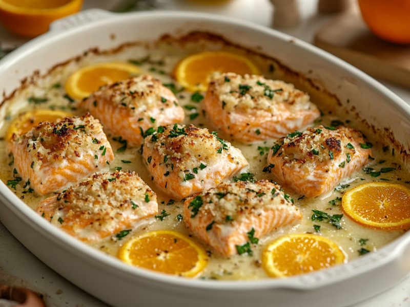 Salmón con costra de hierbas y naranja en trozos en una fuente para horno con rodajas de naranja y salsa clara.
