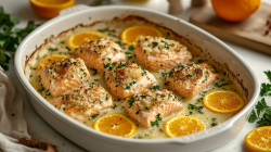 Salmón con costra de hierbas y naranja en trozos en una fuente para horno con rodajas de naranja y salsa clara.