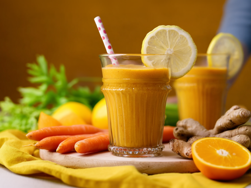 Dos vasos con smoothies ACE, decorados cada uno con una rodaja de limón y pajitas. Alrededor hay zanahorias, limones, jengibre y naranjas como decoración.