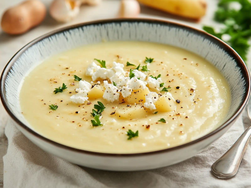 Un tazón de sopa de papa con feta, decorado con feta y perejil.