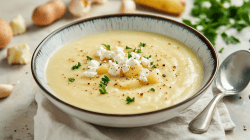 Un tazón de sopa de papa con feta, decorado con feta y perejil.