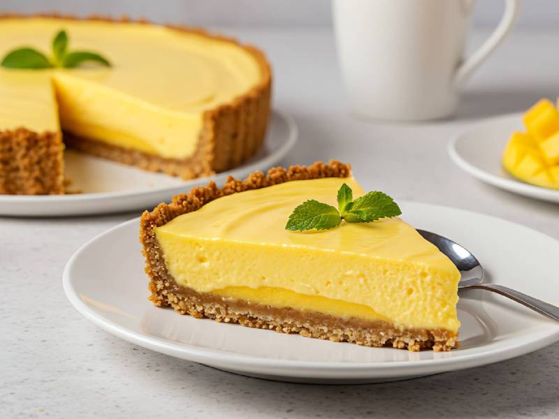 Tarta de crema de mango cortada en una mesa