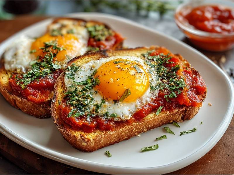 Dos tostadas de shakshuka en un plato