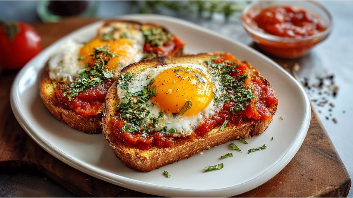 Dos tostadas de shakshuka en un plato